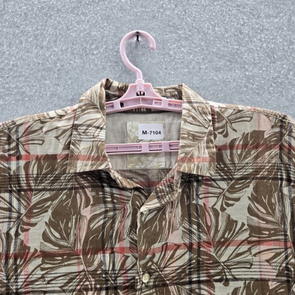 Tasso Elba Island Button Up Shirt L Brown Cotton Linen Floral Plaid Hawaiian